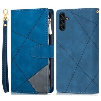 Voor Samsung Galaxy A54 5G Ritsvak Kleur Splitsen PU Lederen Telefoonhoesje Opdruk Lijnen Portemonnee Stand Flip Cover met riem