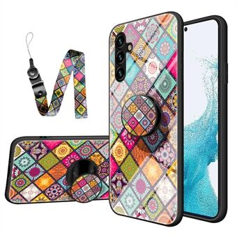 Voor Samsung Galaxy A54 5G Schokbestendig Gehard Glas Telefoonhoesje Bloemenpatroon PC + TPU Anti- Scratch Kickstand Cover met Lanyard