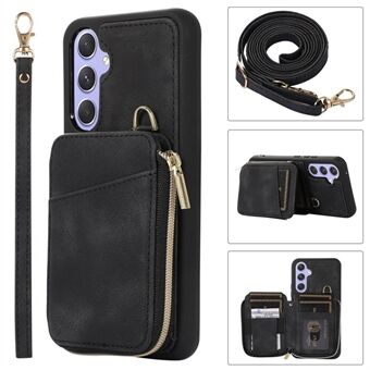 Voor Samsung Galaxy A54 5G standaard telefoonhoesje met rits kaarttas lederen TPU telefoonhoes met riemen