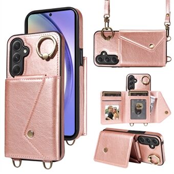 002 Anti-drop hoesje voor Samsung Galaxy A54 5G, Ring Kickstand Card Bag Litchi-textuur Leer+TPU Telefoonhoes met Schouderriem