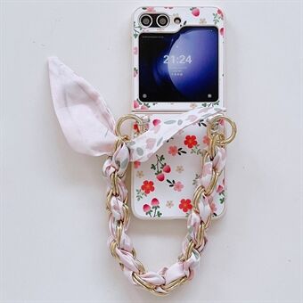 Voor Samsung Galaxy Z Flip5 5G Bloemenpatroon PU Leren+PC Telefoonhoesje met Zijden Sjaalketting.