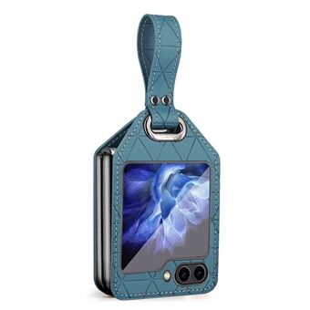 Voor Samsung Galaxy Z Flip5 5G Hoesje Ruitpatroon Textuur Leer+PC Telefoonhoesje Met Strap en Kickstand