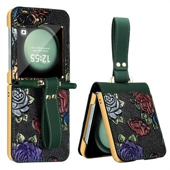 Voor Samsung Galaxy Z Flip5 5G Kickstand-hoes met bloemenpatroon, leer + PC telefoonhoes met achterfolie