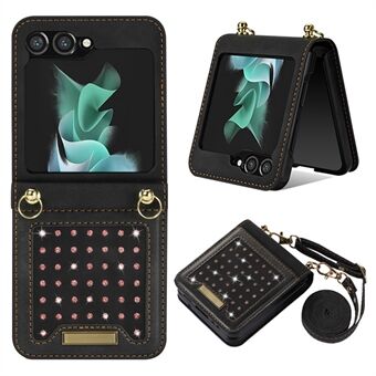 Voor Samsung Galaxy Z Flip5 5G RFID-blokkerende portemonnee-hoes PU-leer gecoat PC-strass decor telefoonhoes met draagkoord