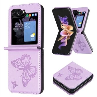 Voor Samsung Galaxy Z Flip5 5G PU-leer + pc-telefoonhoes Vlinderpatroon bedrukt schokbestendige hoes