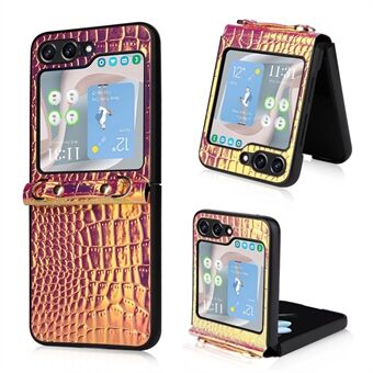 Voor de Samsung Galaxy Z Flip5 5G Hard PC + PU Telefoonhoes Kleur Veranderende Scharnier Kickstand Cover met Polsband.