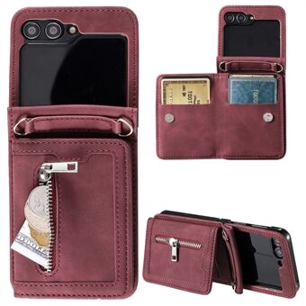 Voor Samsung Galaxy Z Flip5 5G hoesje met kickstand, kaarthouder, telefoonhoesje van leer met handriem.