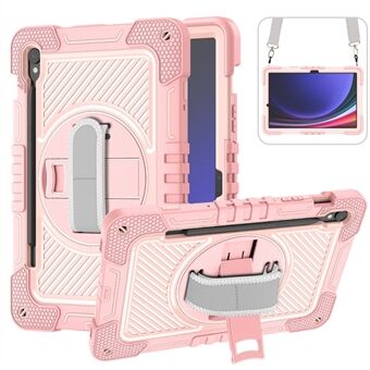 Schokbestendige case voor Samsung Galaxy Tab S9 met een kickstand, gemaakt van siliconen en PC. Inclusief een polsbandje en schouderband.