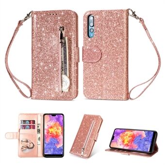 Flash Powder Zipper Stand Leather Wallet Case met riem voor Huawei P20 Pro