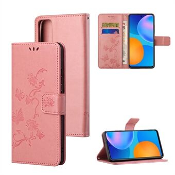 Opdruk Butterfly Flowers Leather Wallet Case Cover voor Huawei P Smart 2021/Y7a