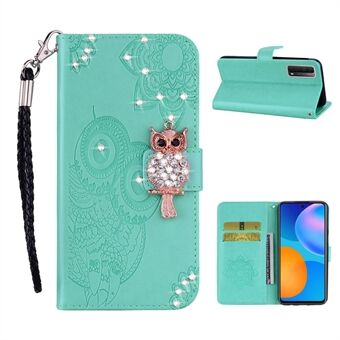 Uil Opdruk Strass Decor Leren Telefoonhoesje voor Huawei P Smart 2021 / Huawei Y7a