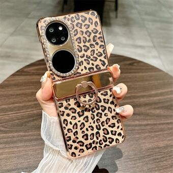 Voor Huawei P50 Pocket Case Luipaardpatroon Ringhouder Rhinestone Harde PC Telefoonhoes