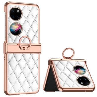 Voor Huawei P50 Pocket Ring Kickstand Telefoon Case Bedrukt Rhombus Rasterpatroon Galvaniseren PU Leer Gecoat PC Back Cover