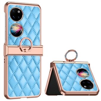 Voor Huawei P50 Pocket Ring Kickstand Telefoon Case Bedrukt Rhombus Rasterpatroon Galvaniseren PU Leer Gecoat PC Back Cover