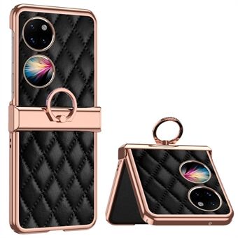 Voor Huawei P50 Pocket Ring Kickstand Telefoon Case Bedrukt Rhombus Rasterpatroon Galvaniseren PU Leer Gecoat PC Back Cover