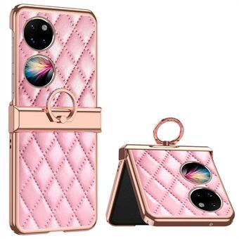 Voor Huawei P50 Pocket Ring Kickstand Telefoon Case Bedrukt Rhombus Rasterpatroon Galvaniseren PU Leer Gecoat PC Back Cover