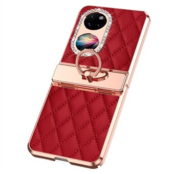 Voor Huawei P50 Pocket Geïmpregneerde lederen gecoate PC telefoonhoes met strass steentjes ring kickstand, elektroplating telefoonhoesje.