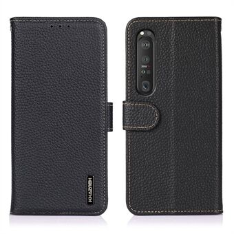 KHAZNEH voor Sony Xperia 1 III 5G Portemonnee Ontwerp Litchi Textuur Toplaag Echt Leer Shell Mobiele Telefoon Stand Case - Zwart