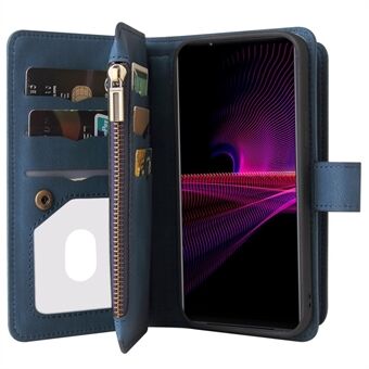 Voor Sony Xperia 1 III 5G Praktisch KT Multifunctioneel Serie-2 Meerdere kaartsleuven Ontwerp TPU + PU lederen Stand Telefoonstandaard met polsband en ritsvak