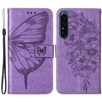 YB Imprinting Series-4 voor Sony Xperia 1 IV Vlinderbloem Patroon Geïmpregneerd PU Lederen Hoesje met Stand Functie Flip Portemonnee Cover met Strap