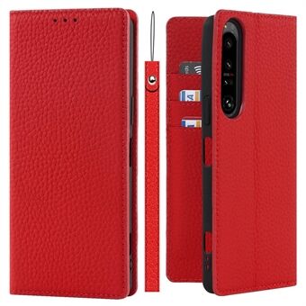 Voor Sony Xperia 1 IV 5G Volledige dekking Litchi-textuur Echt leer Telefoonhoesje Portemonnee Stand Anti-val beschermhoes met polsband