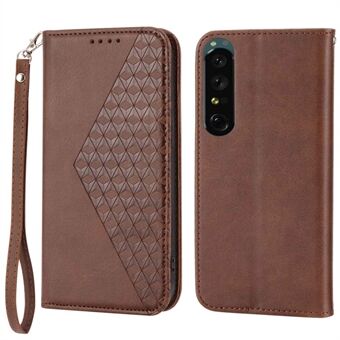 Voor Sony Xperia 1 IV 5G Bedrukt Rhombus Kalfstextuur PU lederen hoes Stand Wallet Automatisch sluitende magnetische telefoonhoes met riem