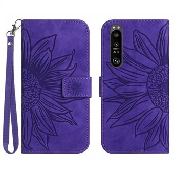 Voor Sony Xperia 1 IV 5G HT04 Telefoonhoesje, Skin-Touch PU-leer Bedrukt Zonnebloem Opvouwbare Stand Portemonnee Cover met Handriem