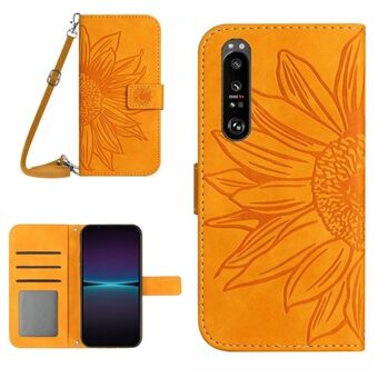 Voor Sony Xperia 1 IV 5G HT04 Zonnebloem Bedrukt Valbestendig Stand Wallet Case Skin-touch PU-lederen telefoonhoes met schouderband