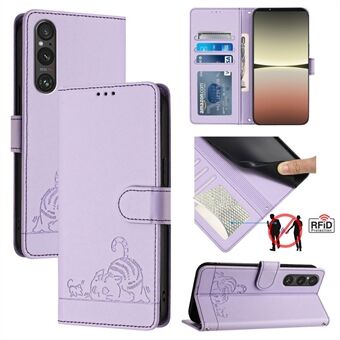 YB Imprinting Serie-9 voor Sony Xperia 1 V Hoesje met Standfunctie en Lederen Bekleding met Katten- en Muizenpatroon