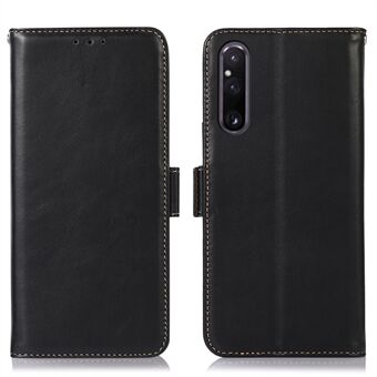 Echt rundleer telefoonhoesje voor Sony Xperia 1 V Crazy Horse textuur RFID- Stand portemonnee-shell