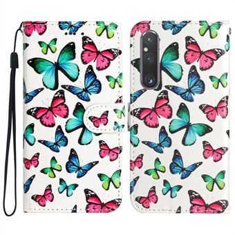 Voor Sony Xperia 1 V PU lederen Stand Flip Cover patroon afdrukken portemonnee telefoonhoes met riem