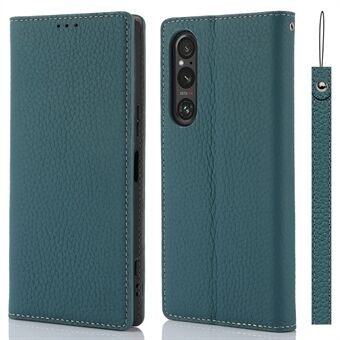 Voor Sony Xperia 1 V Litchi Textuur Echt Koe Lederen Telefoon Case Stand Portemonnee Flip Cover met Riem