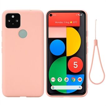 Goed beschermende telefoonhoes van vloeibaar siliconen met effen kleur en bandje voor Google Pixel 5a 5G.