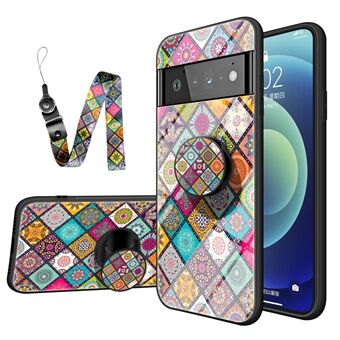 Kleurrijk bloemenpatroon gehard glas hybride slanke lichtgewicht achtercover met kickstand en bandje voor Google Pixel 6 Pro.