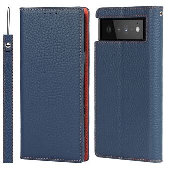 Echt lederen portemonnee hoesje met litchi textuur, standaardfunctie en bandje voor Google Pixel 6.