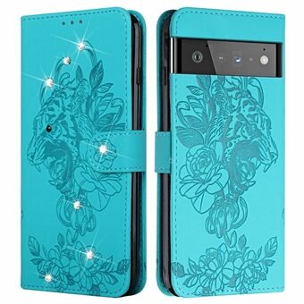 Imprinting Tiger Head Rhinestone Decor Leren Portemonnee Hoesje met Standfunctie voor Google Pixel 6.
