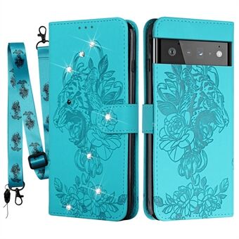 Lanyard Design Bedrukking Tijgerhoofd PU Leren Portemonnee Stand Case Telefoonhoesje met Strassteentjes Decoratie voor Google Pixel 6