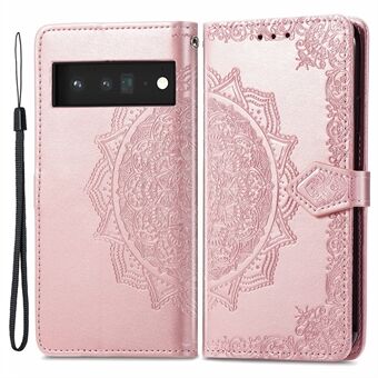 Reliëf Mandala Bloemenpatroon PU Leren Portemonnee Magnetische Beschermende Stand Flip Hoesje met Bandje voor Google Pixel 6 Pro