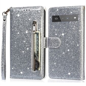 Glitter Sequins Magnetische Sluiting Goed-beschermde Anti-schok Ritsvak Portemonnee Flip Leren Telefoonhoesje met Standaard voor Google Pixel 6