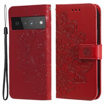 TPU+PU Leren telefoonhoesje met standaard, praktisch flip design, kaartsleuven, bedrukt bloemenpatroon, portemonnee-cover met koord voor Google Pixel 6 Pro.