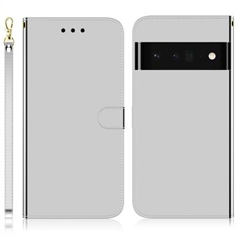 Voor Google Pixel 6 Pro Spiegelachtige Oppervlak PU Leren Flip Hoesje Portemonnee met Stand Functie en Bandje