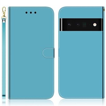 Voor de Google Pixel 6 Pro Mirror-achtige Surface PU Leren Flip Hoesje Portemonnee Stand Telefoonhoesje met Strap.
