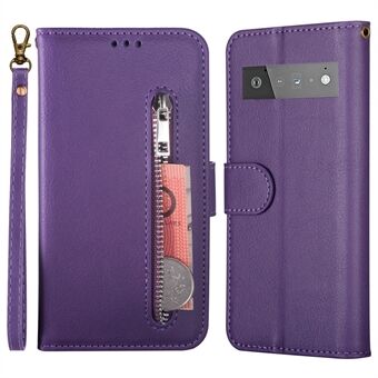 Voor de Google Pixel 6 Buitenzakje met Rits Portemonnee Hoesje met Tekstuur, Anti-vingerafdruk PU Leer + TPU Telefoonhoesje met Standaard.