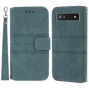 Krasbestendig PU-leren portemonneehoes met reliëfpatroon, staander en magnetische flipcover met polsband voor Google Pixel 6a.