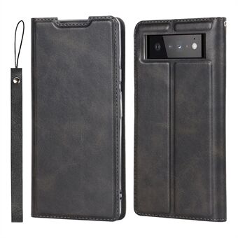 Voor de Google Pixel 6 Pro Textured PU Leather Card Holder Case Stand Magnetic Auto-absorbed Protective Cover with Strap.