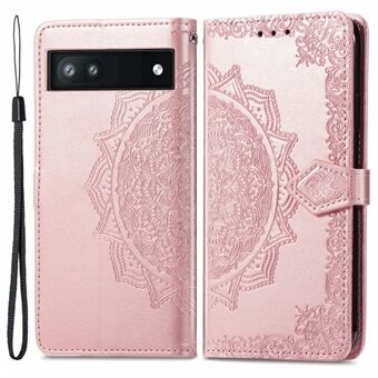 Telefoon Flip Cover voor Google Pixel 6a met reliëf Mandala Bloem Soft PU Lederen Portemonnee met Strap