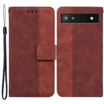 Voor de Google Pixel 6a is er een geometrisch geïmpregneerd portemonnee hoesje met een opvouwbare standaard, gemaakt van PU-leer en voorzien van een bandje.