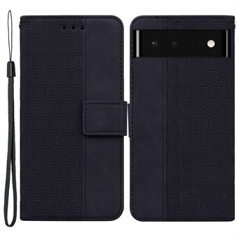 Voor de Google Pixel 6 is er een hoesje met een ingeprint geometrisch patroon, een opvouwbare standaard, een magnetische portemonnee ontwerp, en een binnenkant van PU-leer met een beschermende flipcover van TPU en een riempje.