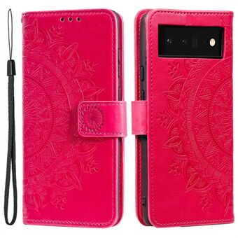 Voor Google Pixel 7 Pro PU Leder + Zachte TPU Stootvaste Hoes met Bedrukte Mandala Bloem Portemonnee Opvouwbare Stand Case met Riempje