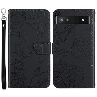 Butterfly-bloemen afdrukken vingerafdruk-vrij PU-leren telefoonhoesje voor Google Pixel 6a, Portemonnee Stand Case met handige band.